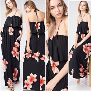 Black floral halter maxi dress